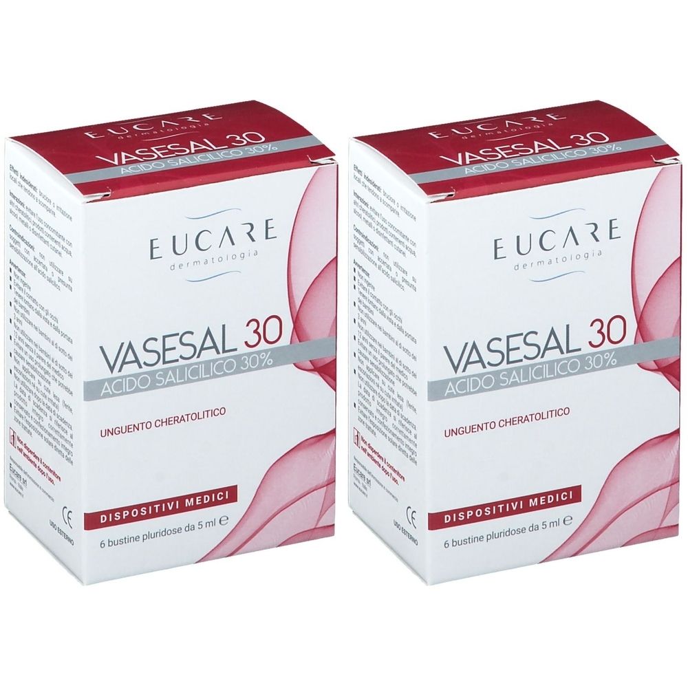 Due confezioni VASESAL 30, EUCARE. Scritto: Unguento Cheratolitico, Acido Salicilico 30%. Dispositivi Medici.