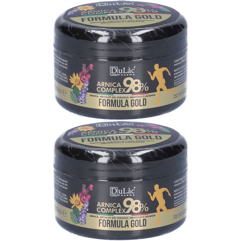 Due vasetti neri con coperchi dorati. Scritta: Arnica Complex 98% Formula Gold. Marchio: DuLàc Pharma. Illustrazione di un corridore.