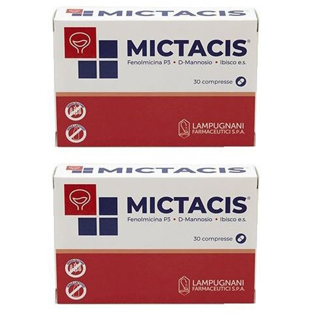 Due scatole di MICTACIS. Confezione bianca e rossa con nome del prodotto e ingredienti. 30 compresse.