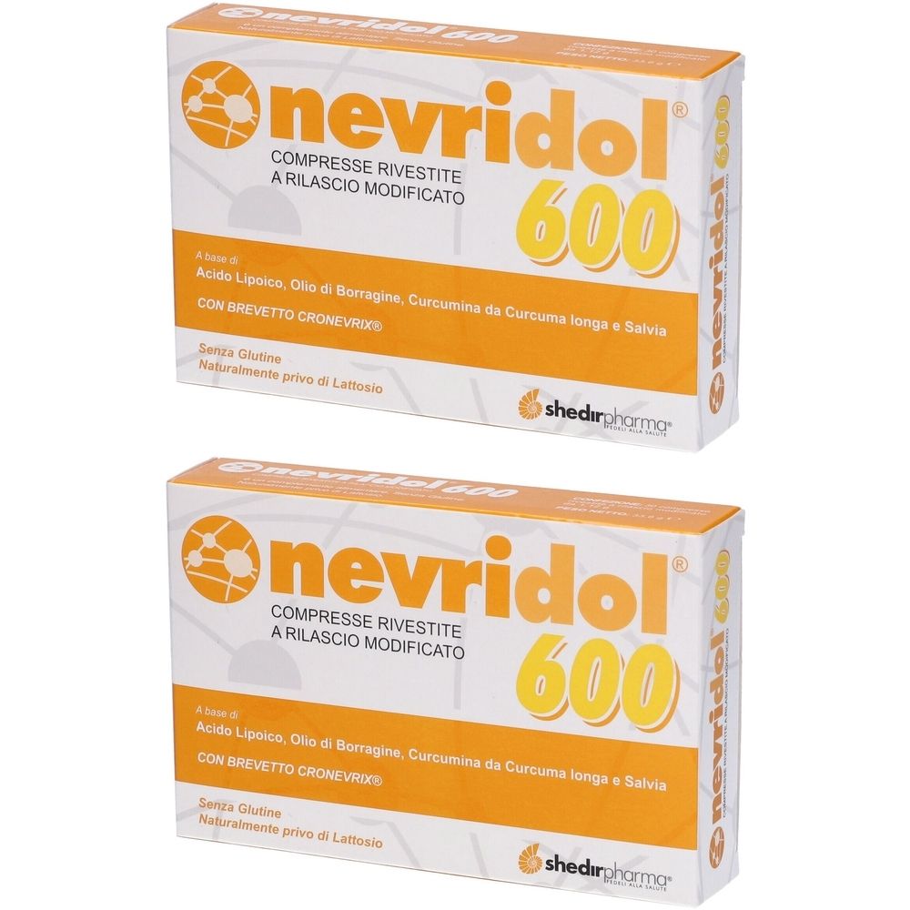 Due confezioni di Nevridol 600. Confezione bianca e arancione con nome del prodotto e ingredienti. Marchio Shedir Pharma.