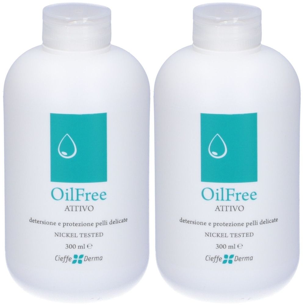 Due flaconi bianchi con etichetta blu. Scritta: OilFree ATTIVO, NICKEL TESTED, 300 ml, Cieffe Derma.