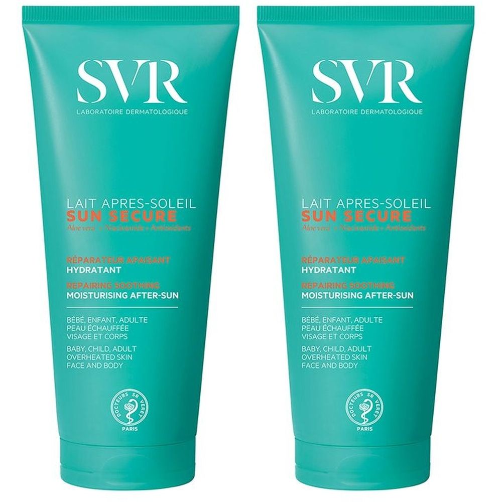 Due tubi verdi con scritte bianche. Scritte: SVR, Lait Après-Soleil Sun Secure, Hydratant, Moisturising After-Sun.
