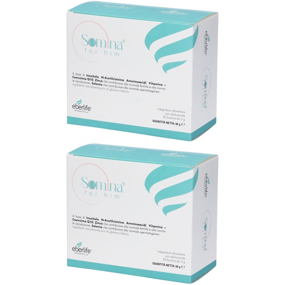 Due scatole bianche con testo e onde blu. Scritto: "Semina for him" e "Eberlife". Contiene 20 bustine.