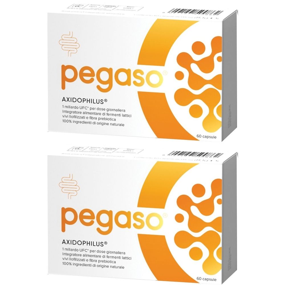 Due confezioni di Pegaso Axidophilus. Scritta: 60 capsule. Confezione bianca con design arancione.