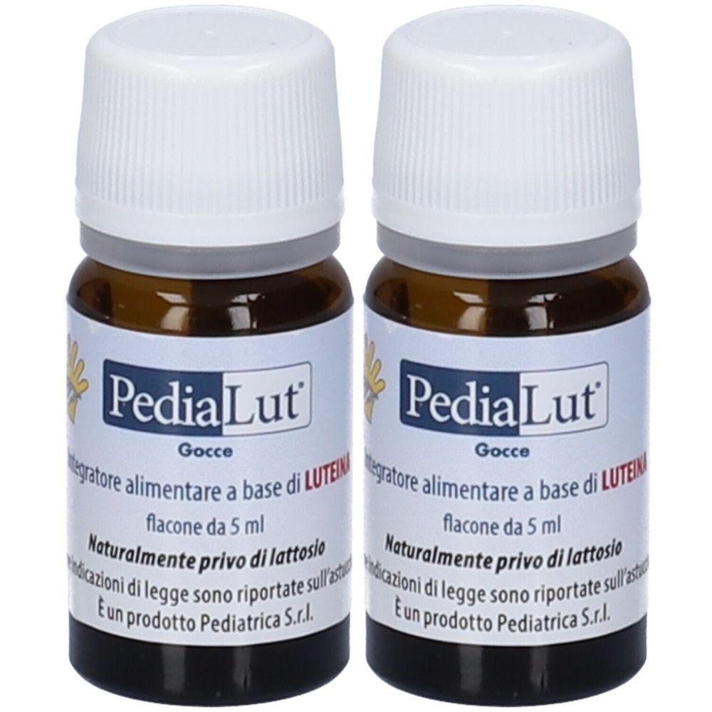 Due flaconi marroni con tappi bianchi. Etichetta: PediaLut Gocce. Testo: Integratore alimentare a base di LUTEINA, flacone da 5 ml.