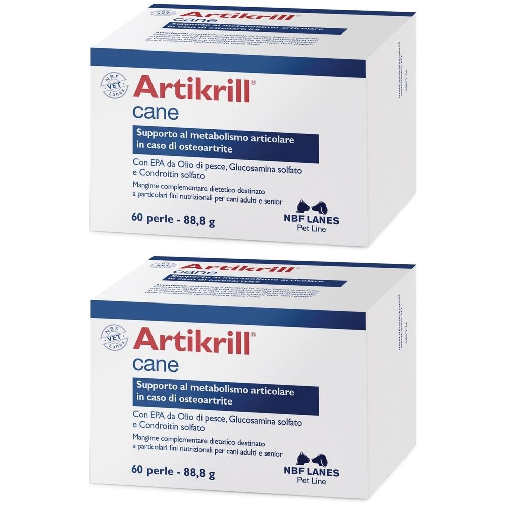 Due scatole bianche con stampa. Testo: Artikrill cane, 60 perle, 88,8 g. Contiene EPA, olio di pesce, glucosamina e condroitina.