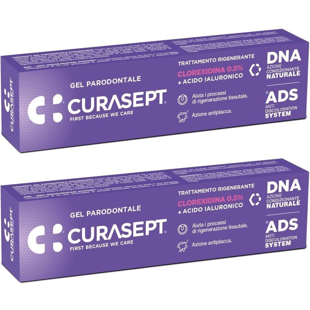 Due confezioni di Curasept Gel Parodontale. Confezione viola con logo e testo bianchi. Contiene Clorexidina 0,5% + Acido Ialuronico.