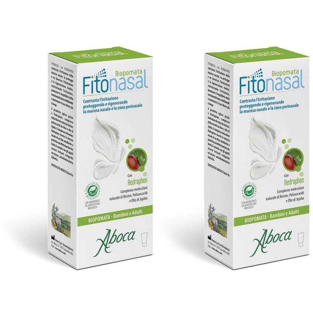 Due scatole rettangolari con testo verde e bianco. Scritta: Fitonasal, Aboca. Contiene Redraphen. Biopomada per bambini e adulti.