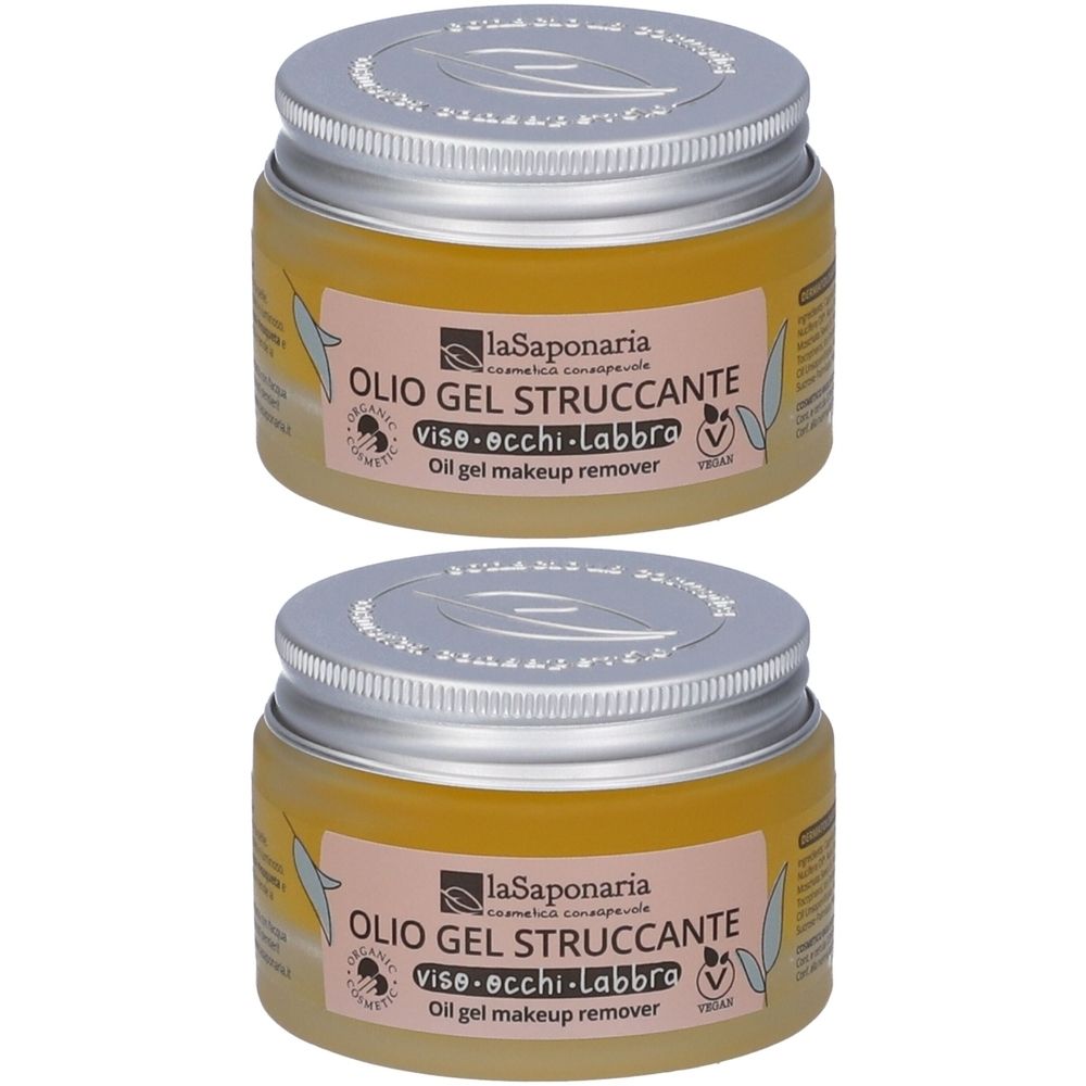 Due vasetti di La Saponaria Olio Gel Struccante. Liquido giallo in vasetti con coperchi argentati. Scritta: Olio Gel Struccante.