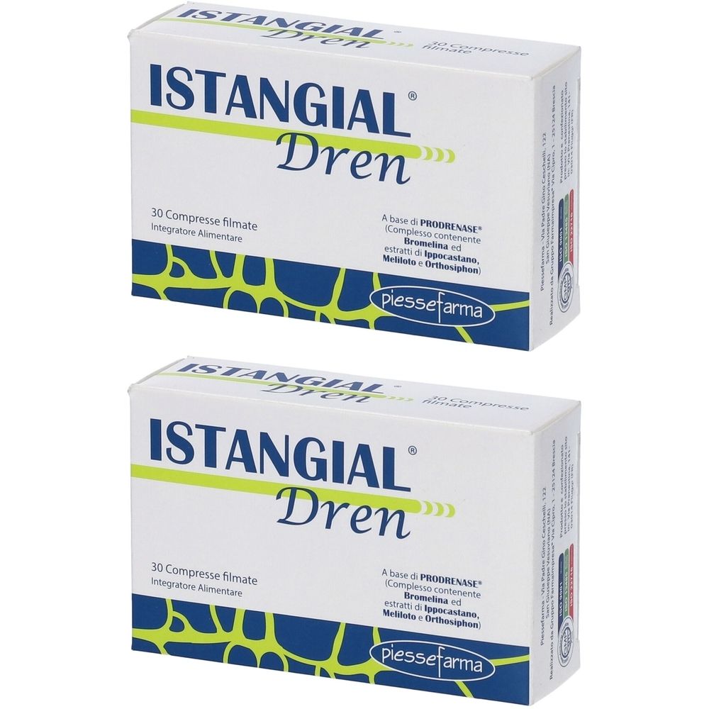 Due scatole bianche con "ISTANGIAL Dren". Ogni scatola contiene 30 compresse. Visibile il logo piessetarma.