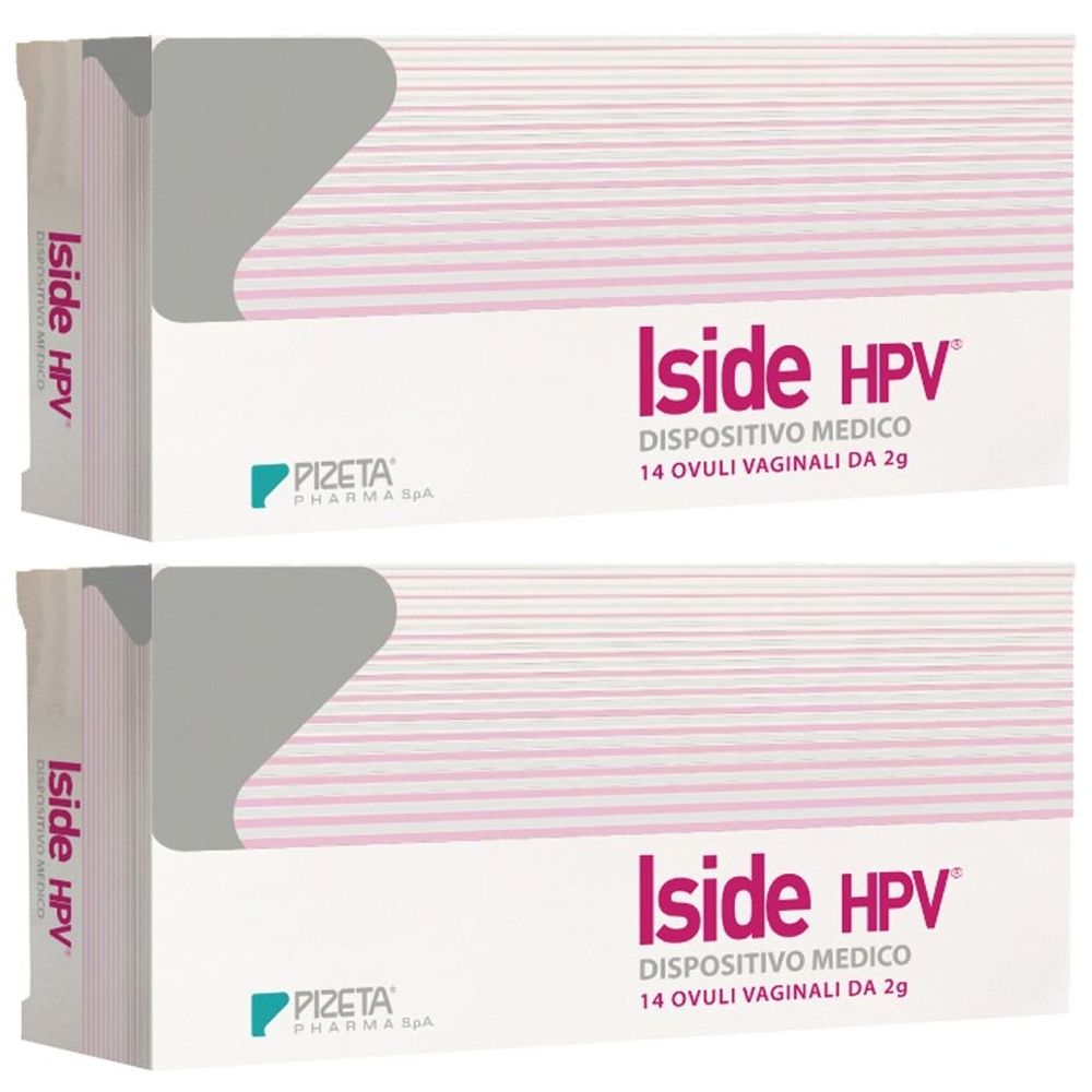 Due confezioni Iside HPV. Scritta: DISPOSITIVO MEDICO, 14 Ovuli Vaginali da 2g. Logo Pizeta Pharma.