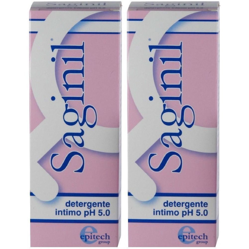Due confezioni di Saginil, rosa e bianco. Scritta: Detergente intimo pH 5.0. Logo: epitech group.
