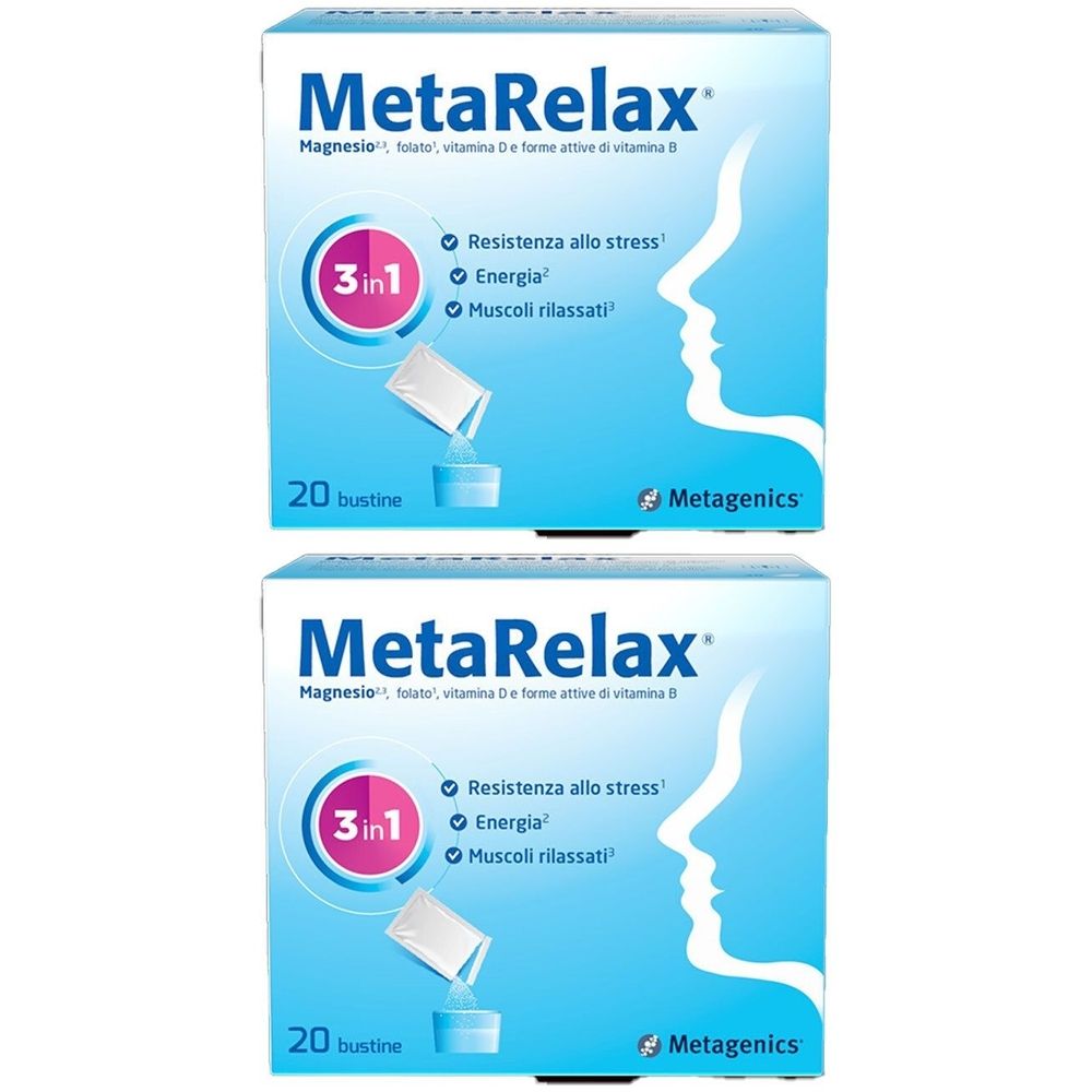 Due confezioni MetaRelax blu. Scritte del nome del prodotto, informazioni e 20 bustine. Logo Metagenics.