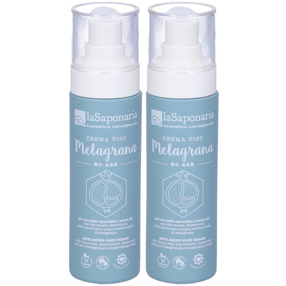 Due flaconi blu con vaporizzatore bianco. Scritta: La Saponaria, Crema Viso Melagrana, No-Age. Con coperchio trasparente.