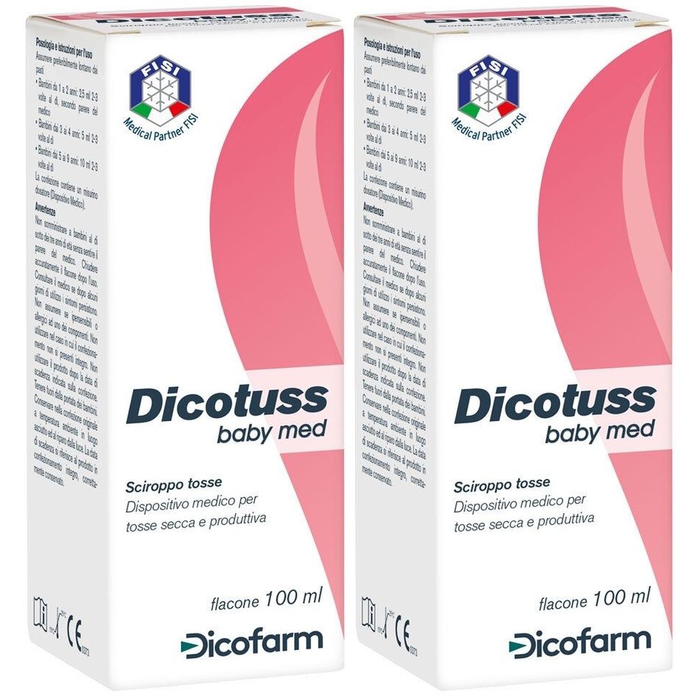 Due confezioni di sciroppo per la tosse. Scritto: Dicotuss baby med. Dispositivo medico per tosse secca e produttiva. Flacone 100 ml.