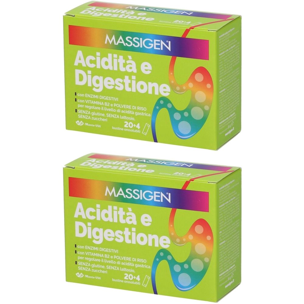 Due scatole verdi "MASSIGEN Acidità e Digestione". Scritte: 20+4, senza glutine, senza zuccheri. Illustrazione di uno stomaco.