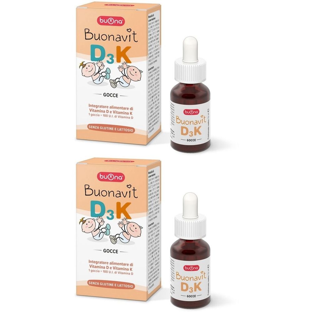 Due confezioni e flaconi. Sulle confezioni e sui flaconi c'è scritto BuonaVit D3K. Gocce con vitamina D e K.