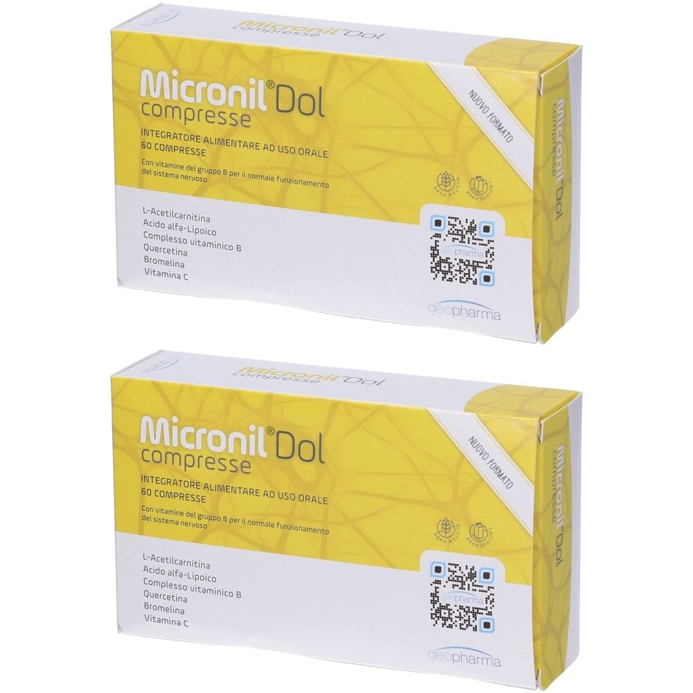 Due scatole di "Micronil Dol compresse". Confezione gialla con informazioni sul prodotto e codice QR.