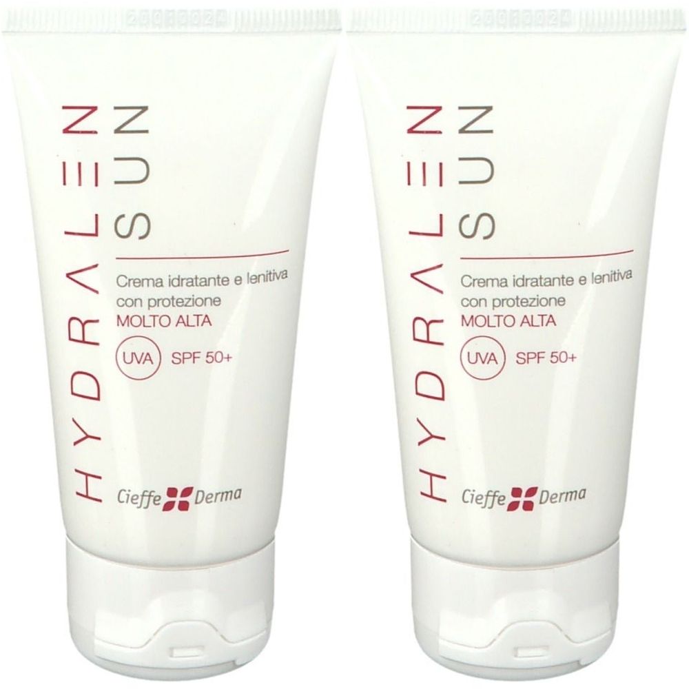 Due tubi di crema solare. Scritta: HYDRALEN SUN, Cieffe Derma. Con protezione UVA SPF 50+. Crema idratante e lenitiva.