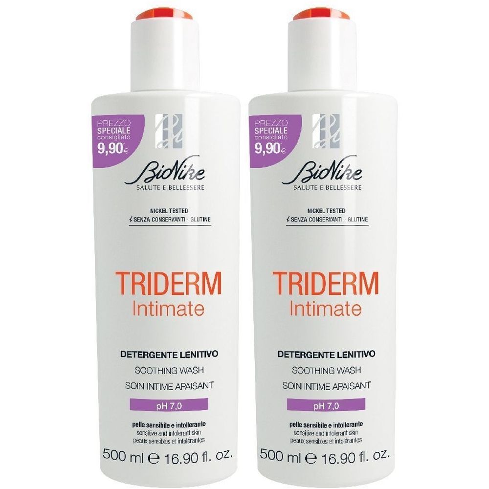 Due flaconi bianchi con tappo rosso. Scritta: Triderm Intimate, pH 7.0, 500 ml. Marchio: BioNike.