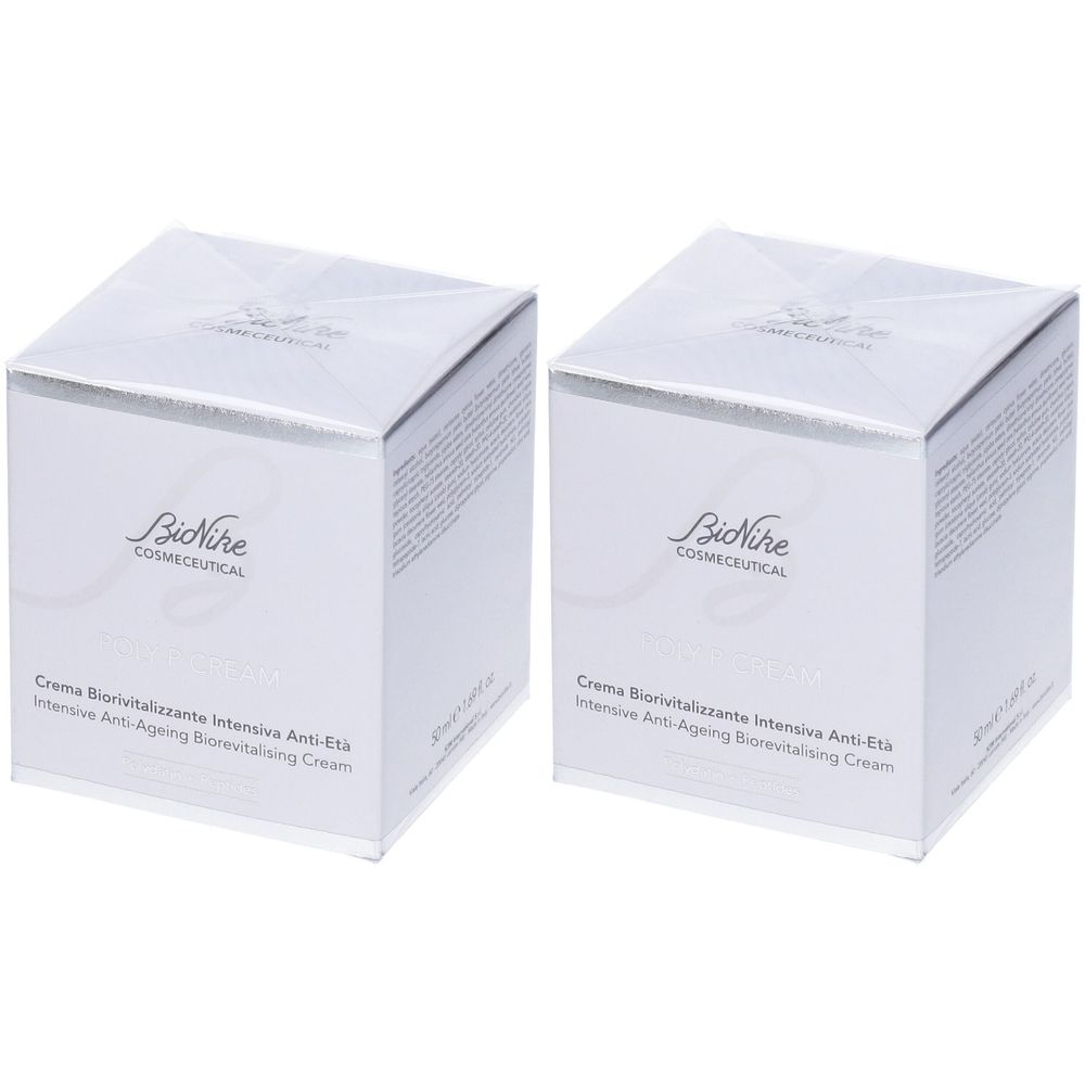 Due scatole bianche quadrate. Sul fronte, "Bionike COSMECEUTICAL". Testo sottostante: "Crema Biorivitalizzante Intensiva Anti-Eta".