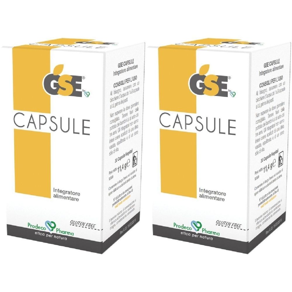 Due scatole bianche con dettagli gialli. Scritta "GSE CAPSULE". Testo in italiano. Logo senza glutine.