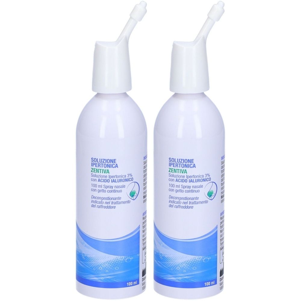 Due flaconi bianchi con erogatore spray. Scritta: ZENTIVA, Soluzione Ipertonica, 100 ml. Spray nasale.