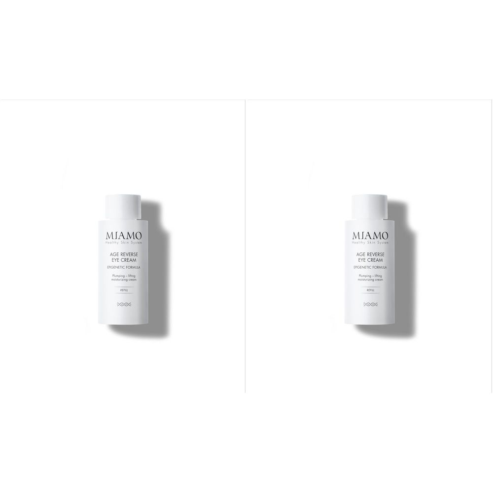 Due flaconi bianchi con scritta MIAMO. Scritta: Age Reverse Eye Cream. Sottotitolo: Formula Epigenetica.
