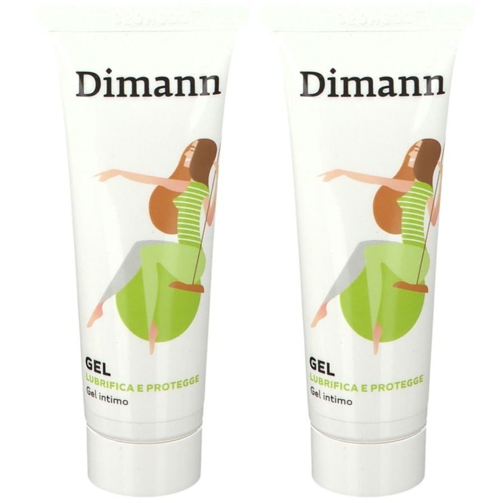 Due tubi bianchi con la scritta "Dimann" e l'immagine di una donna su un'altalena. Sotto, la parola "GEL" è visibile.
