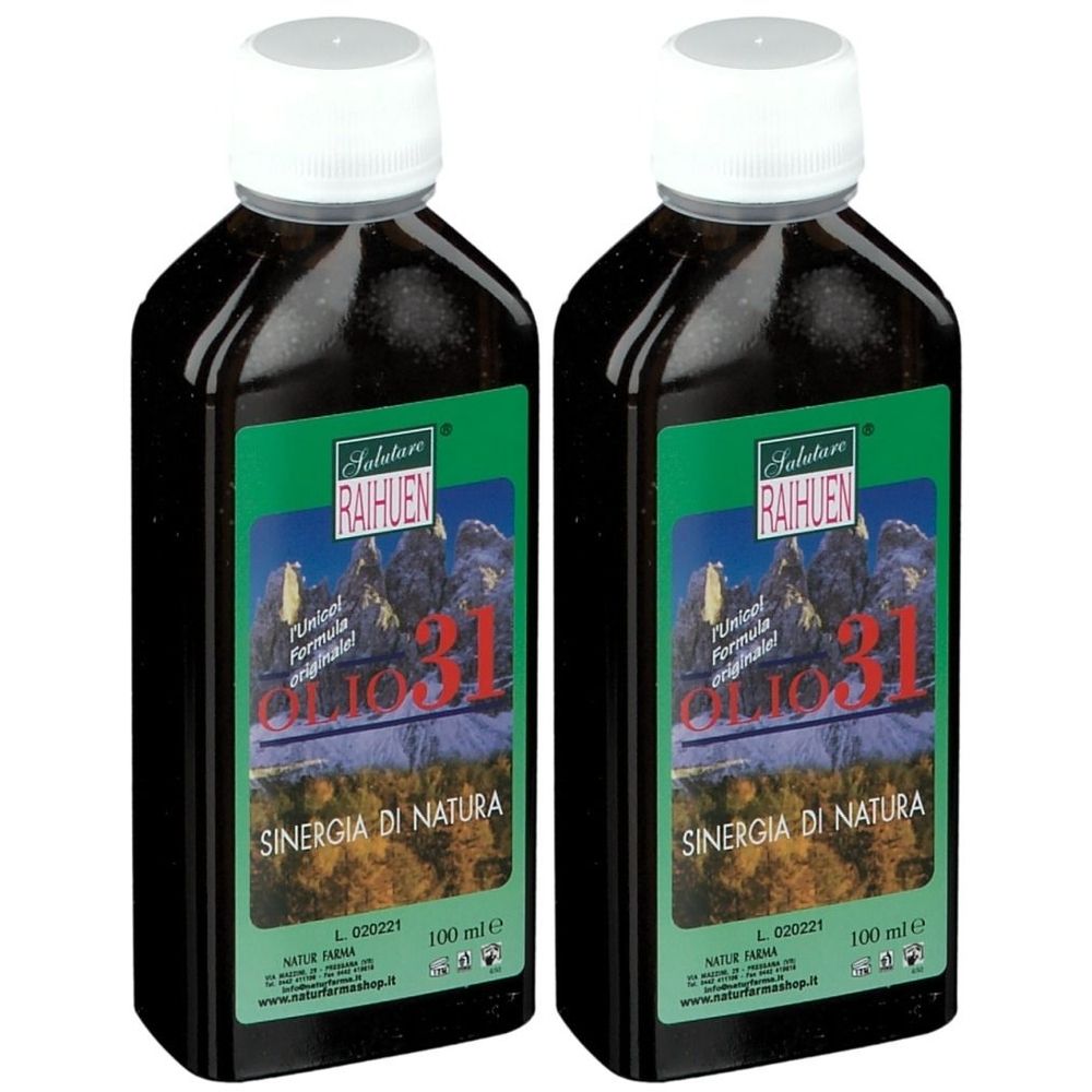 Due bottiglie con etichette verdi. Le etichette riportano "Salutare RAIHUEN Olio 31". Le bottiglie hanno tappi bianchi e contengono un liquido scuro.