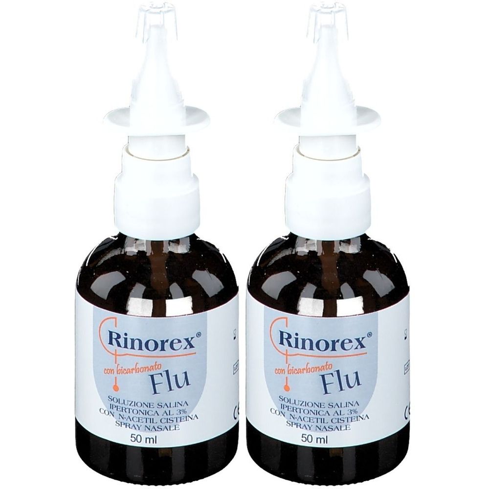 Due flaconi di spray nasale Rinorex Flu. Testine spray bianche, liquido marrone. Scritta: Rinorex Flu, 50 ml.