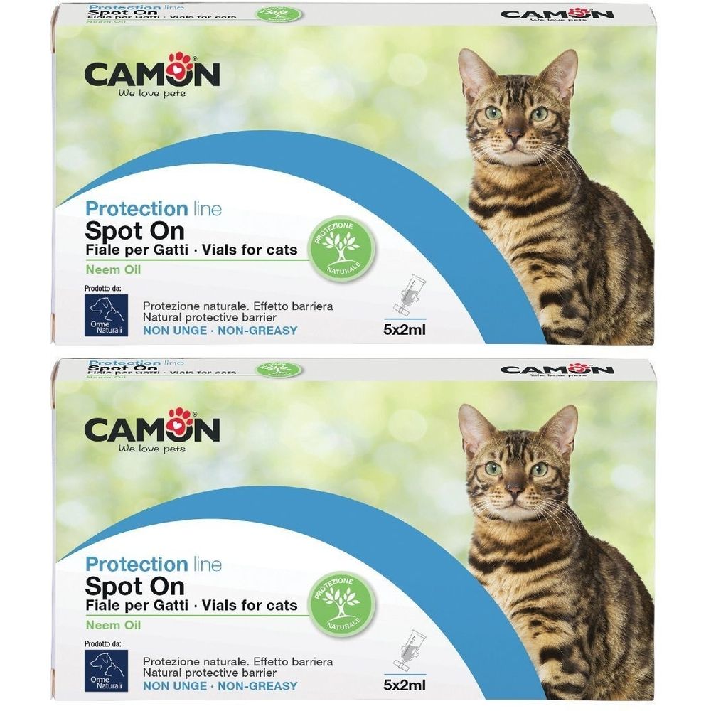 Due confezioni di prodotto per gatti. Scritta CAMON, Spot On, 5x2ml. Contiene olio di Neem. Con immagine di gatto.