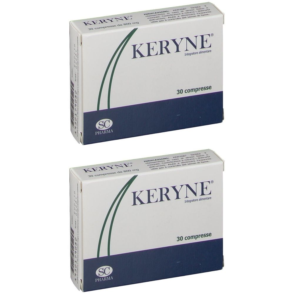 Due scatole di KERYNE. Ogni scatola contiene 30 compresse. Sulla scatola è visibile il logo SC Pharma.