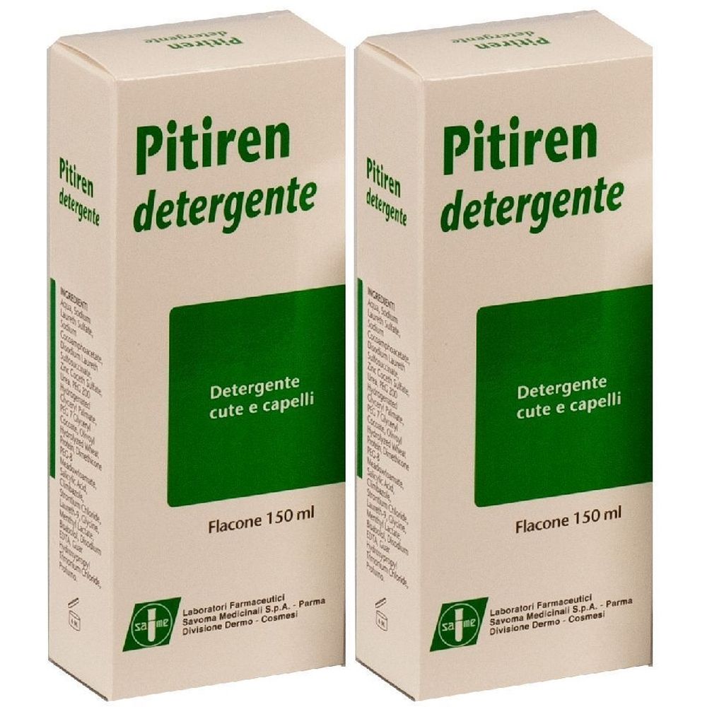 Due confezioni di "Pitiren detergente". Testo verde su sfondo bianco. "Detergente cute e capelli". Flacone 150 ml.