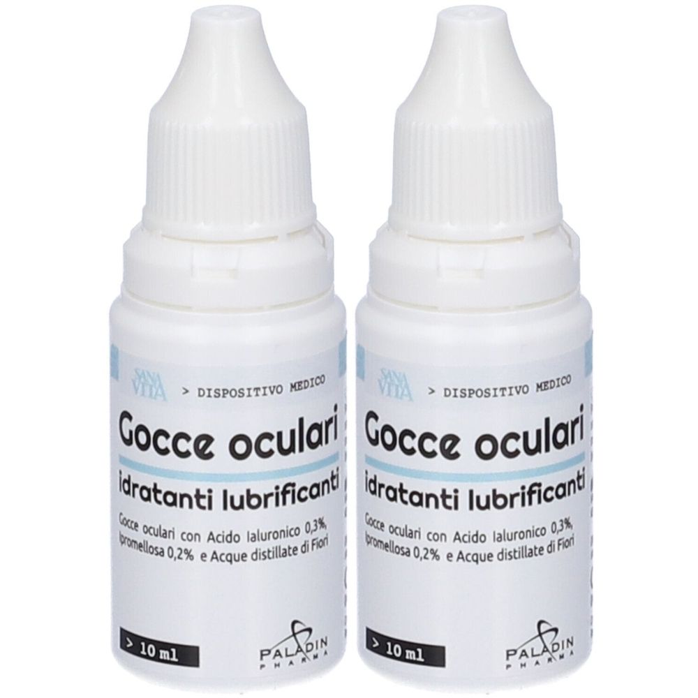 Due flaconi bianchi con contagocce. Scritta: Gocce oculari, Idratanti lubrificanti. Marchio: Paladin Pharma. Dispositivo medico.
