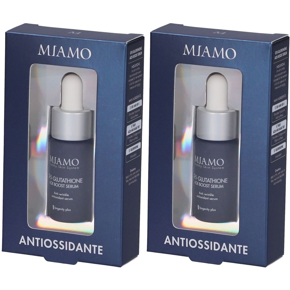 Due confezioni di siero in scatole blu. Ogni confezione contiene un flacone con contagocce. Scritta: MIAMO, ANTIOXIDANTE.