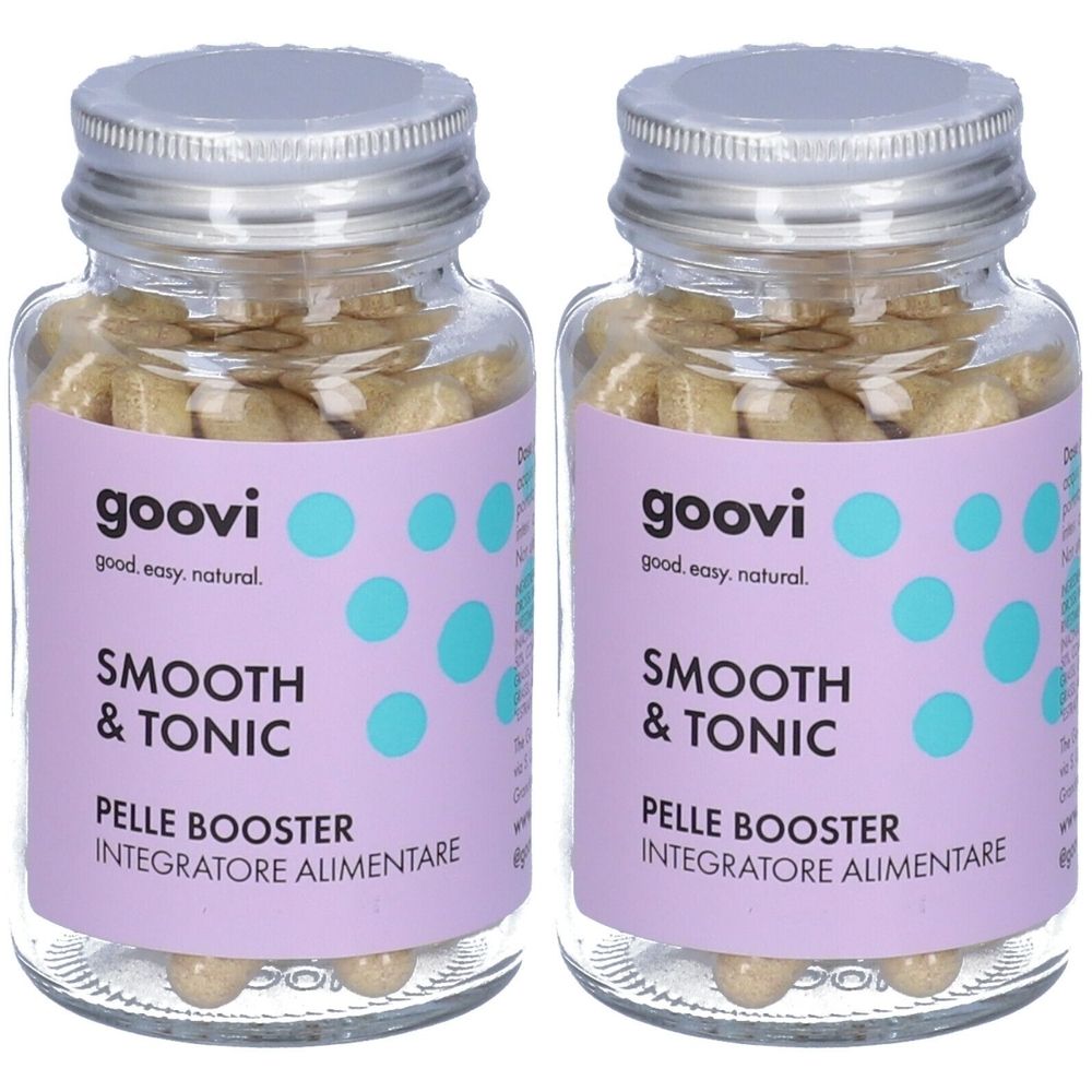 Due flaconi in vetro con capsule. Scritta: Goovi, Smooth & Tonic, Pelle Booster, Integratore Alimentare. Etichetta lilla con pois blu.