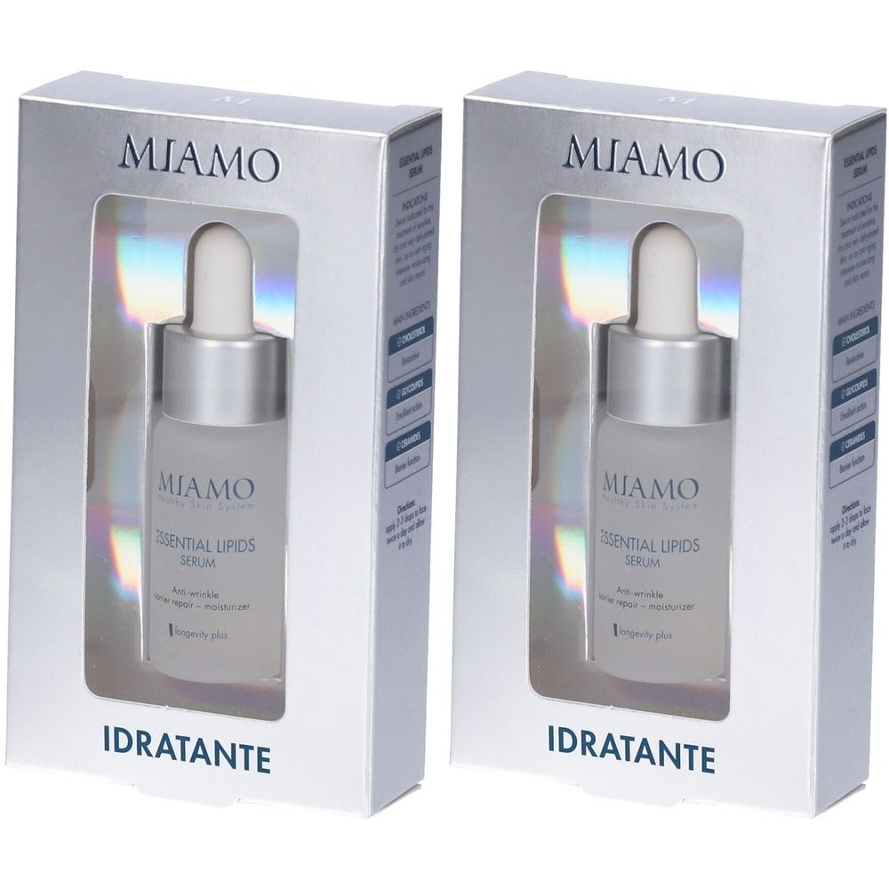 Due flaconi di siero identici in scatole bianche. Scritta: Miamo, Essential Lipids Serum, IDRATANTE.