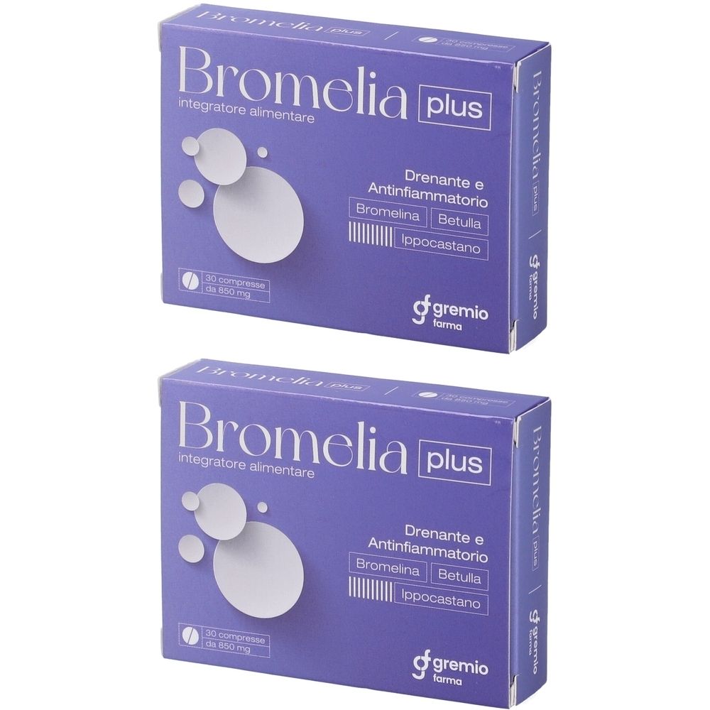 Due scatole viola con scritta "Bromelia plus". Testo: "Integratore alimentare", "Drenante e Antinfiammatorio". Marchio: gremio farma.