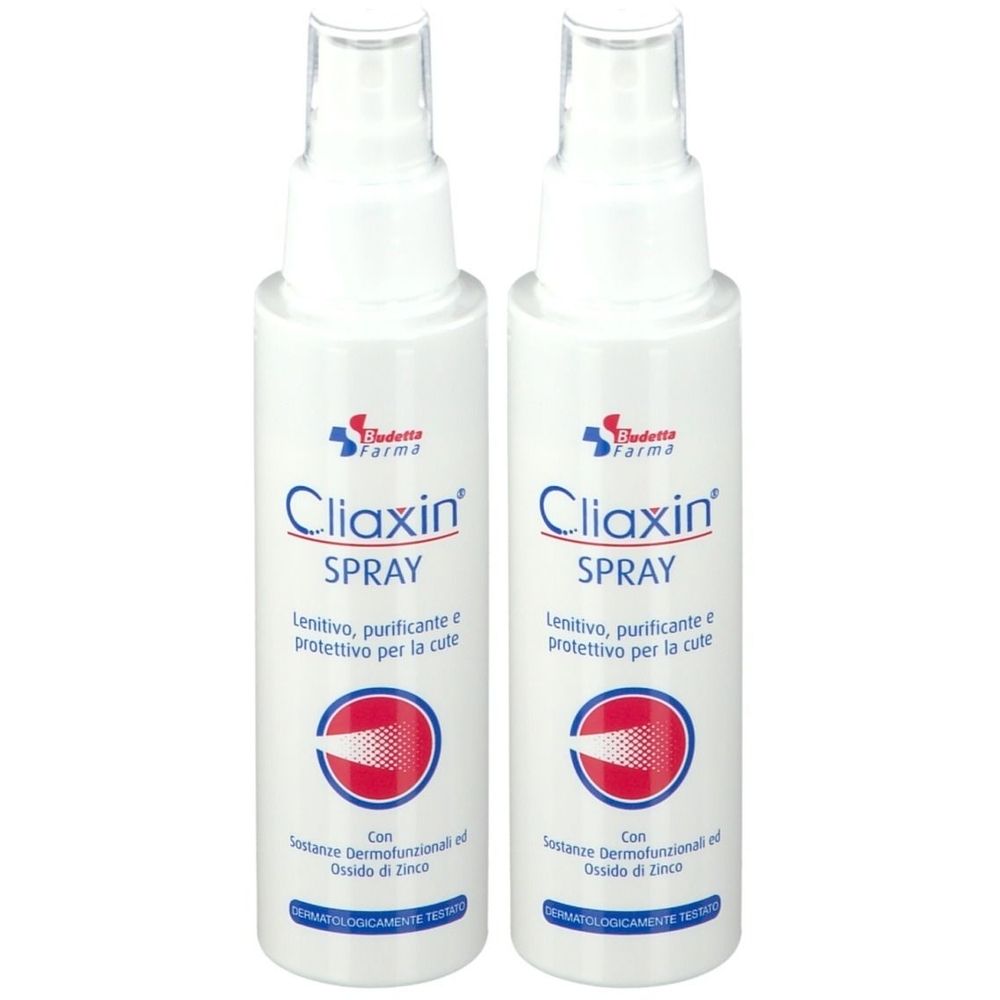 Due flaconi spray bianchi Cliaxin. Scritta: Lenitivo, purificante e protettivo per la cute. Con ossido di zinco.