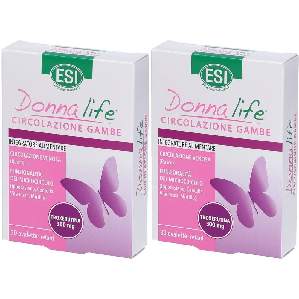 Due scatole bianche con scritta Donna life, logo ESI e informazioni prodotto. Contiene 30 compresse di Troxerutina 300 mg.