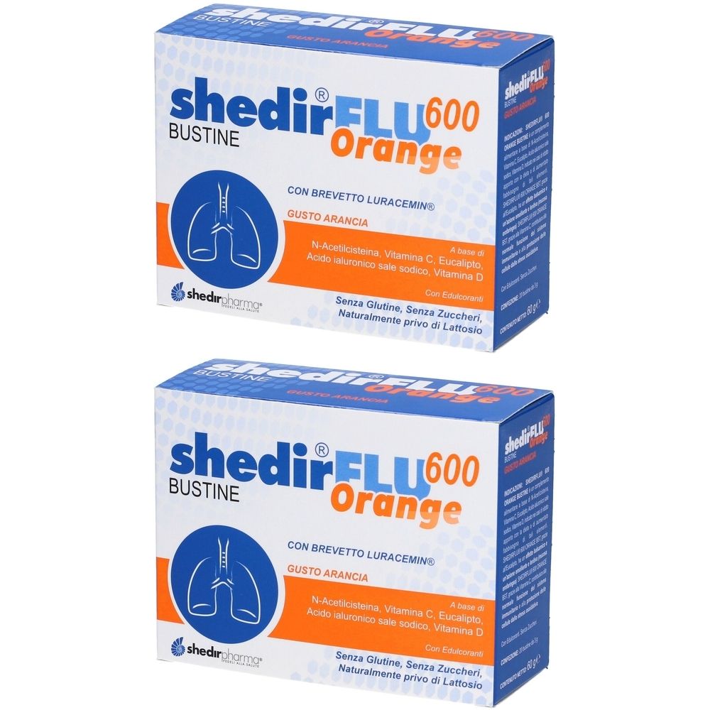 Due confezioni di shedirFLU600 Orange. Su ogni confezione, un simbolo polmonare. Testo: Bustine, Gusto Arancia. Contiene ingredienti.