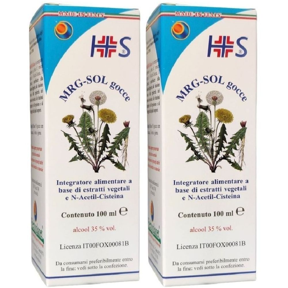 Due scatole rettangolari con informazioni sul prodotto. Scritta MRG-SOL gocce, logo HS. Illustrazione di una pianta con fiori gialli.