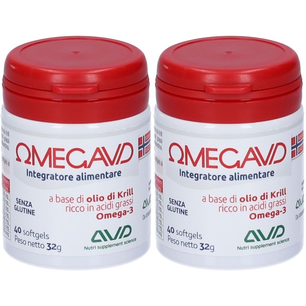 Due confezioni di Omegavd. Coperchio rosso, contenitore bianco. Scritta: Omega-3, Integratore alimentare, 40 softgels, senza glutine.