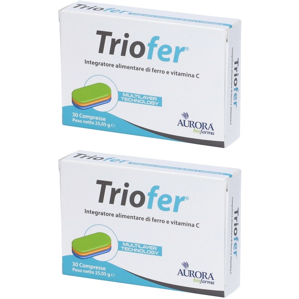 Due confezioni Triofer. Scritte: Integratore alimentare di ferro e vitamina C. 30 compresse. Tecnologia multistrato.