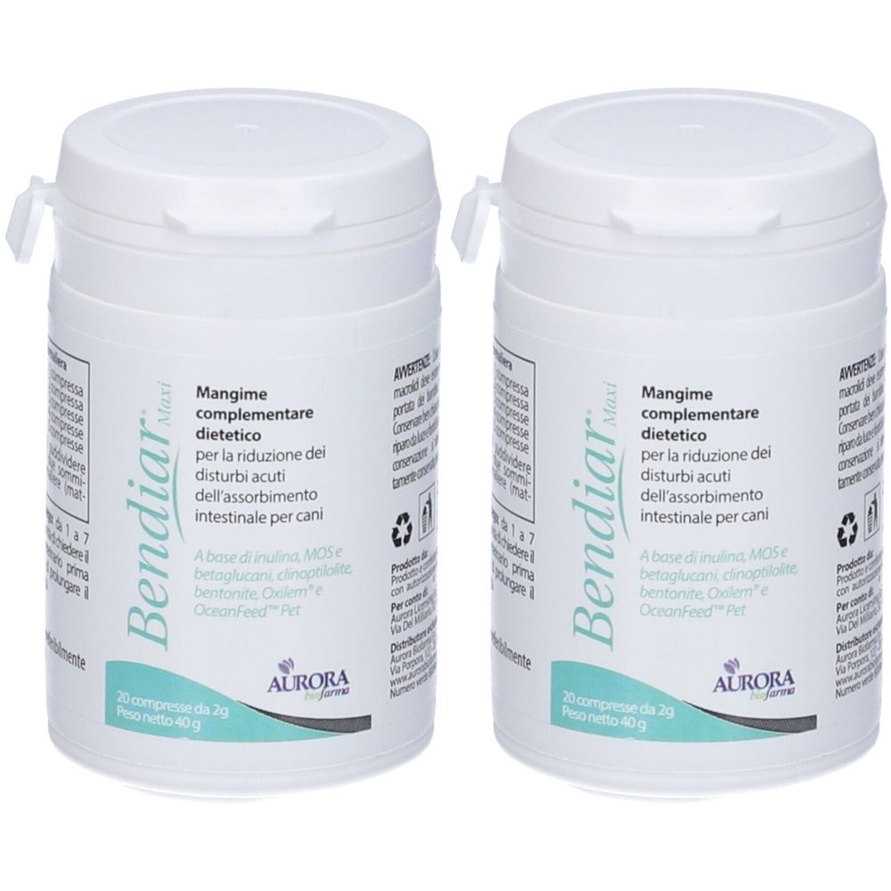 Due contenitori bianchi con coperchi. Scritta Bendiar Maxi, mangime dietetico complementare per cani. 20 compresse, peso netto 40g.