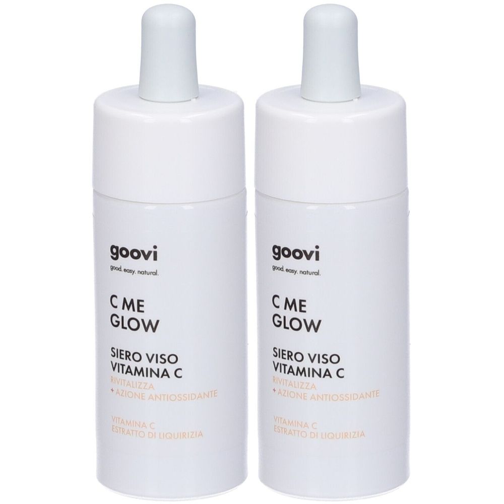 Due flaconi bianchi con applicatore. Ogni flacone riporta le scritte "goovi", "C ME GLOW", "SIERO VISO VITAMINA C".