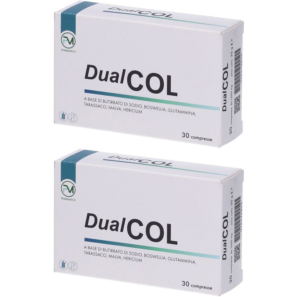 Due scatole bianche con scritto "DualCOL". Ogni scatola contiene 30 compresse. Scritto: A BASE DI BUTIRRATO DI SODIO, BOSWELLIA, GLUTAMMINA.