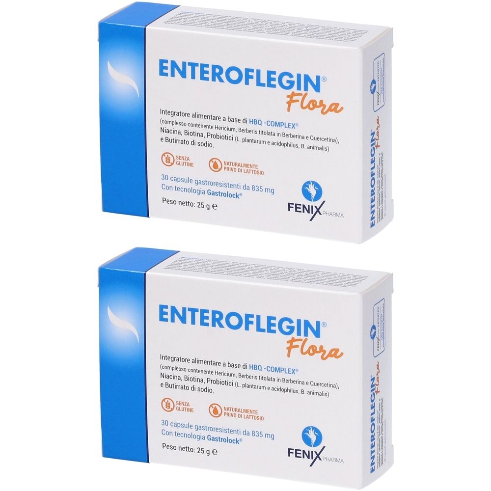 Due scatole bianche con dettagli blu. Scritta: ENTEROFLEGIN Flora. Contiene 30 capsule. Marchio: FENIX.
