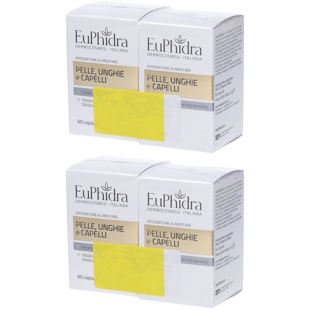 Due confezioni "EuPhidra Pelle Unghie e Capelli". Scatole bianche con adesivi gialli e informazioni sul prodotto.
